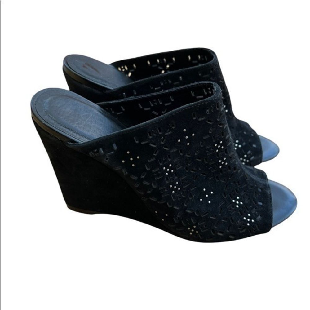 Joie • Kellie Perforated Wedge Mules Black suede embellished size 6.
